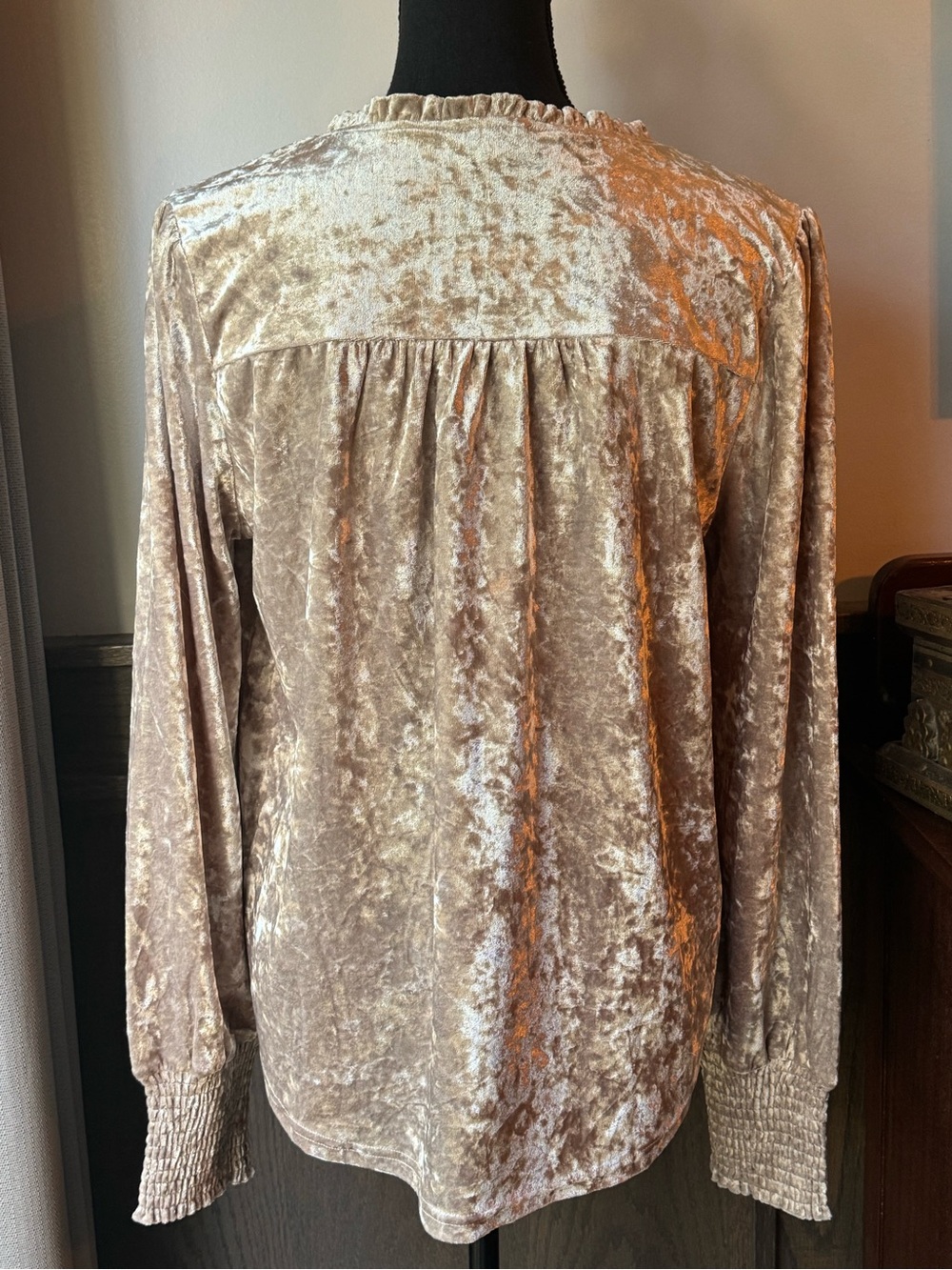 Mystree Taupe Crushed Velvet Tie-Neck Long Sleeve Top - Picture 4 of 7